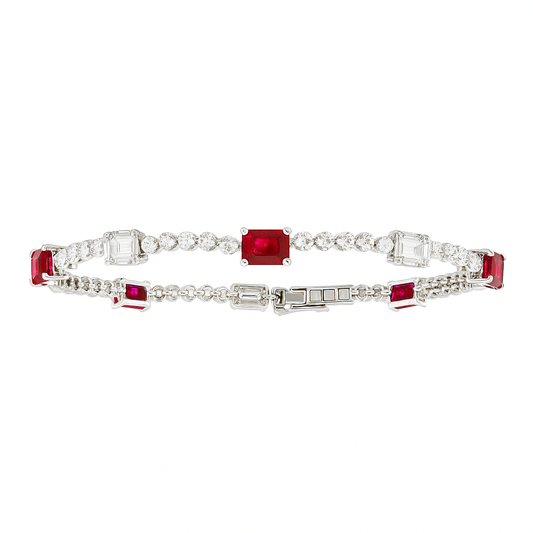 14K White Gold Emerald Cut Rubys with Illusion Emeralds Tennis Bracelet, 2.61ct