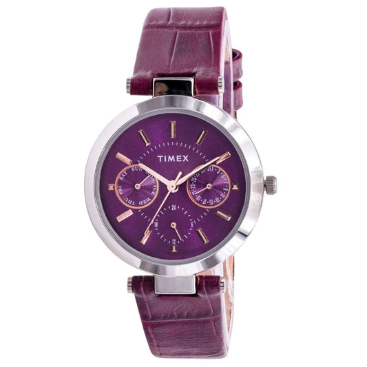 Timex Classic Women’s Quartz Watch Purple Dial Leather Strap TW2T46200